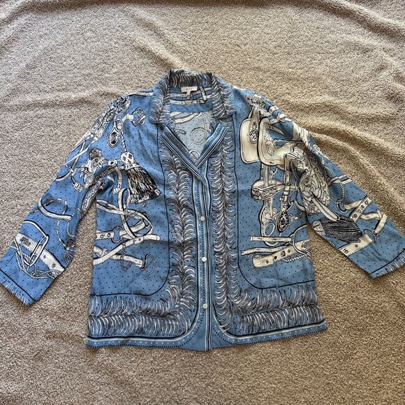 Reiss Tops - REISS Women’s Sally Printed Cuban Collar Blouse Blue Equestrian Sz US 10 ALTERED